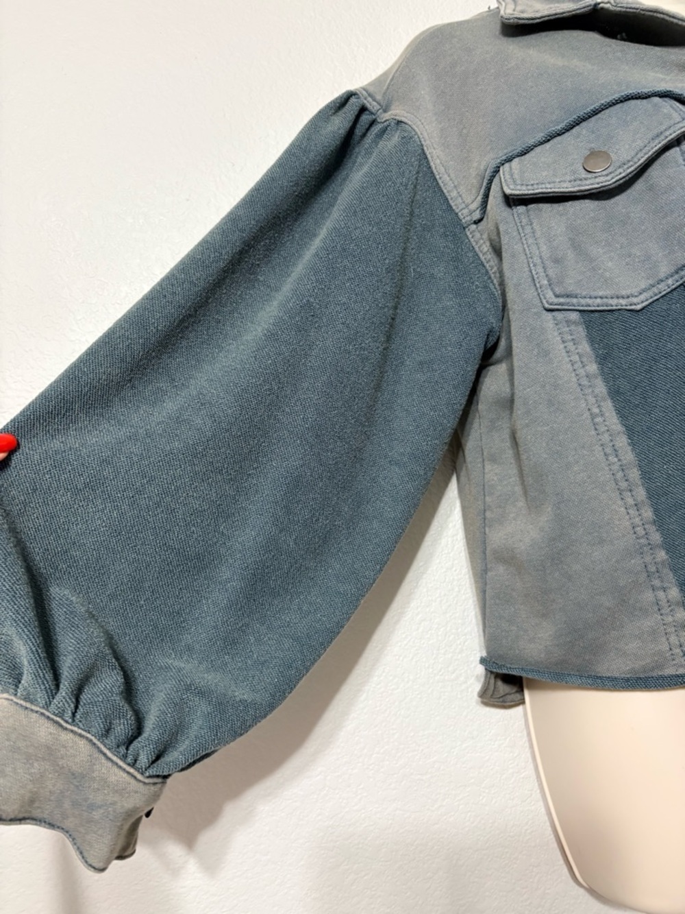 Vici Cropped Teal Blue Green Patchwork Terry Jacket Lightweight Ballon Sleeves S - Picture 4 of 16